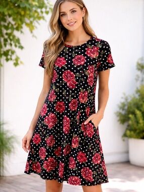 LuLaRoe Carly Dress Medium Red Black Polka Dot Hi Low Swing Dress
